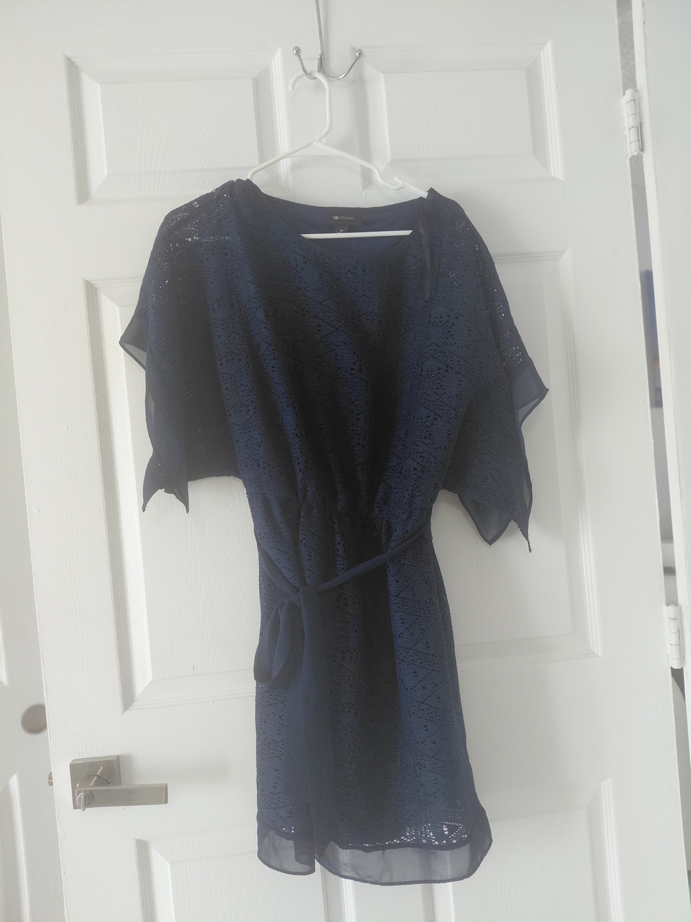 Women's Navy Lace Overlay Belted Dress
